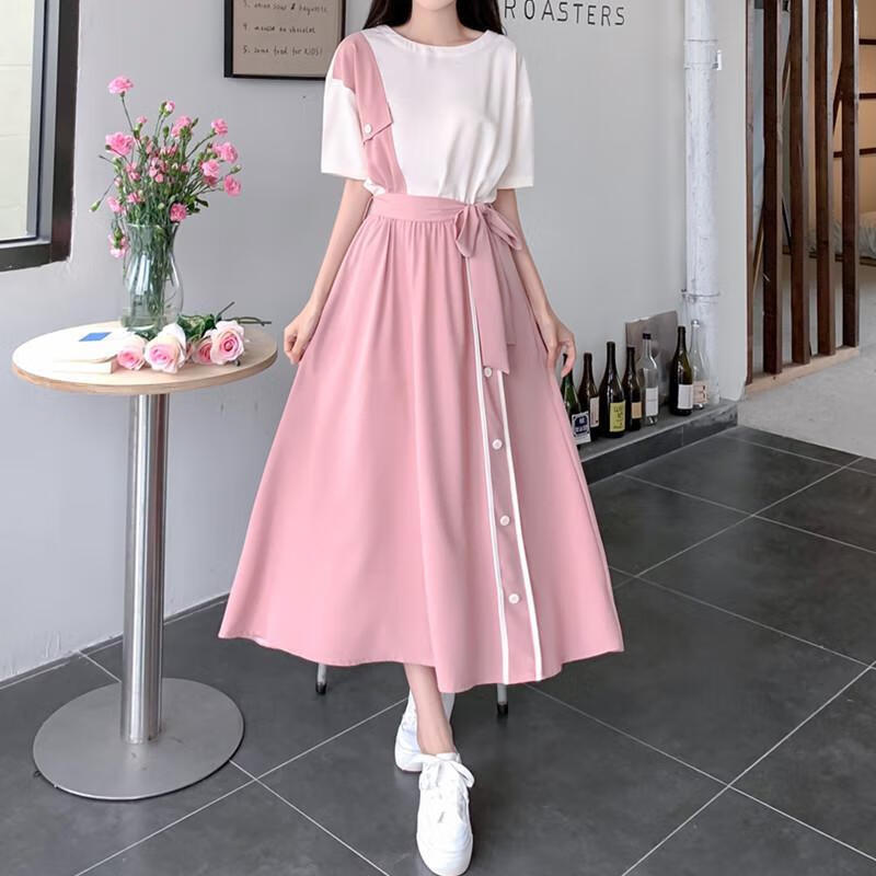 yzyo仙气夏天长裙学生到脚踝连衣长裙法式小众感粉色女夏季大码收腰显