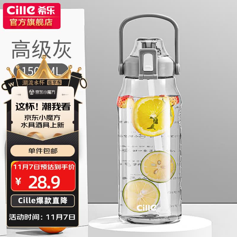 希乐大容量水杯子男女户外健身吸管杯tritan材质塑料杯1.5L灰-2219属于什么档次？