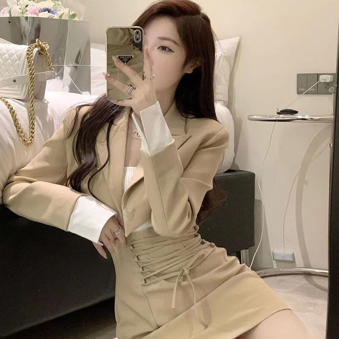 外套秋季新款韩版时尚设计感字裙套装两件套潮 卡其色西服_年后发货 s