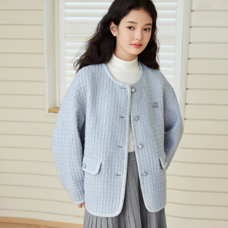 乐町甜美少女风粗花呢小香风外套女2024冬季新款精致纽扣设计上衣 轻柔蓝(现货) M