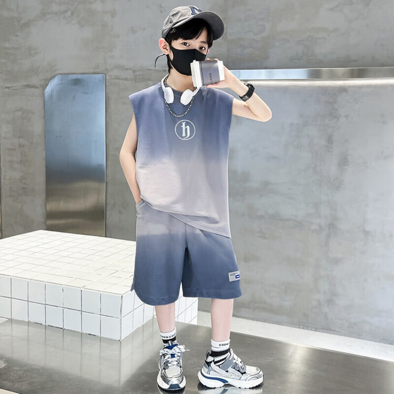 男童套装夏装新款男孩衣服中大童学生夏季坎肩背心儿童短袖 银灰色