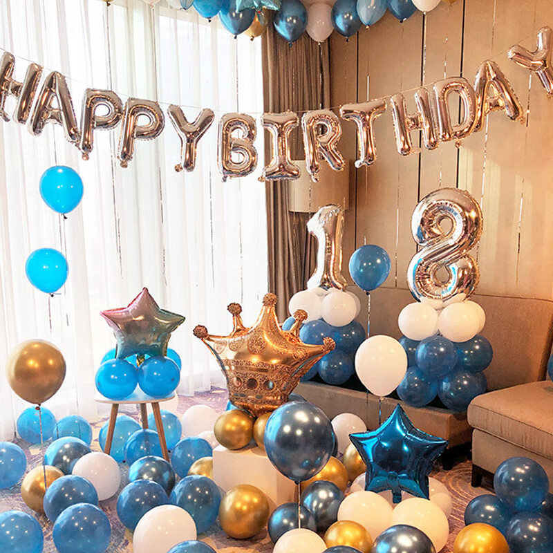 傅欧网红生日快乐派对男孩女生场景布置用品背景墙气球18岁成人礼装饰 蓝白豪华生日套餐