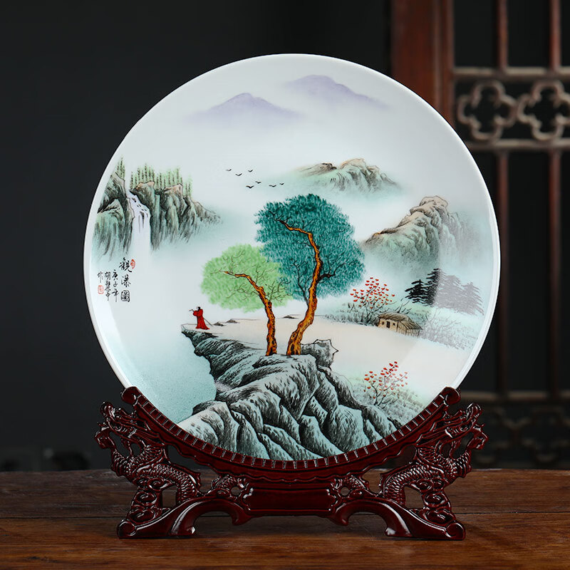 月景水苑景德镇陶瓷器手绘挂盘赏盘现代中式客厅书房家居酒柜装饰盘子