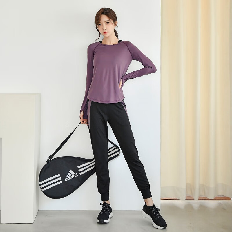 秋冬瑜伽服套装女宽松健身房运动套装户外晨跑步衣服胖mm大码显瘦 紫色长袖二件套 M