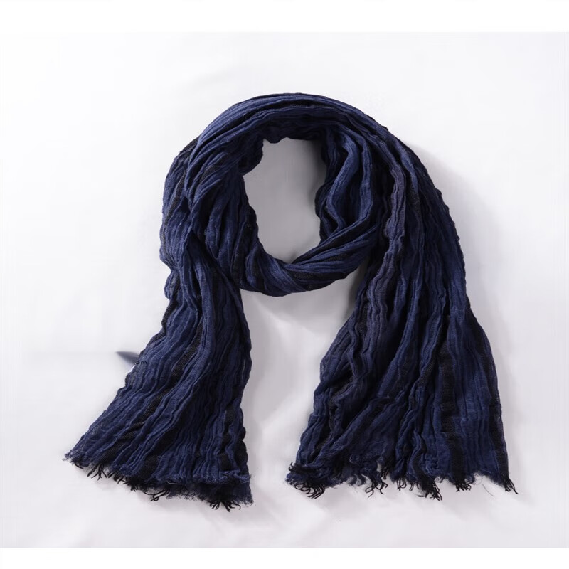 围巾文艺复古棉麻男士简约长款装饰薄款秋季围脖两用围巾藏蓝色 藏青