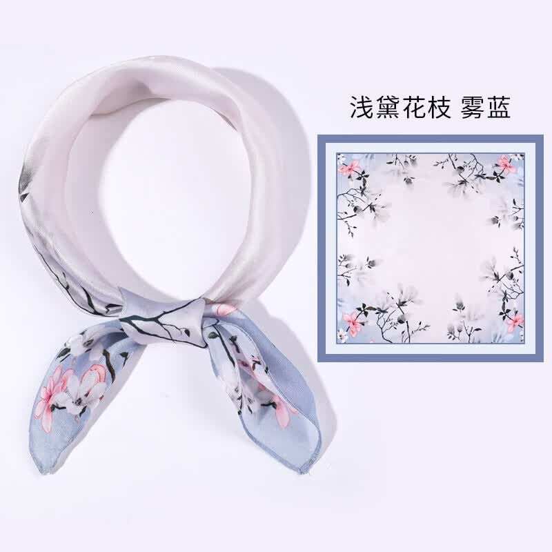 达芬奇密码 真丝小方巾丝巾女小领巾百搭时尚气质桑蚕丝围巾送女友生日礼物 浅黛花枝 雾蓝