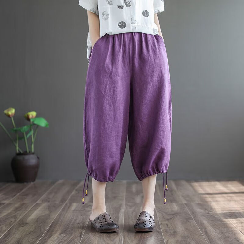 贤语夏季薄款棉麻宽松休闲七分阔腿裤(两穿)抽绳裤脚高腰束脚裤 紫色