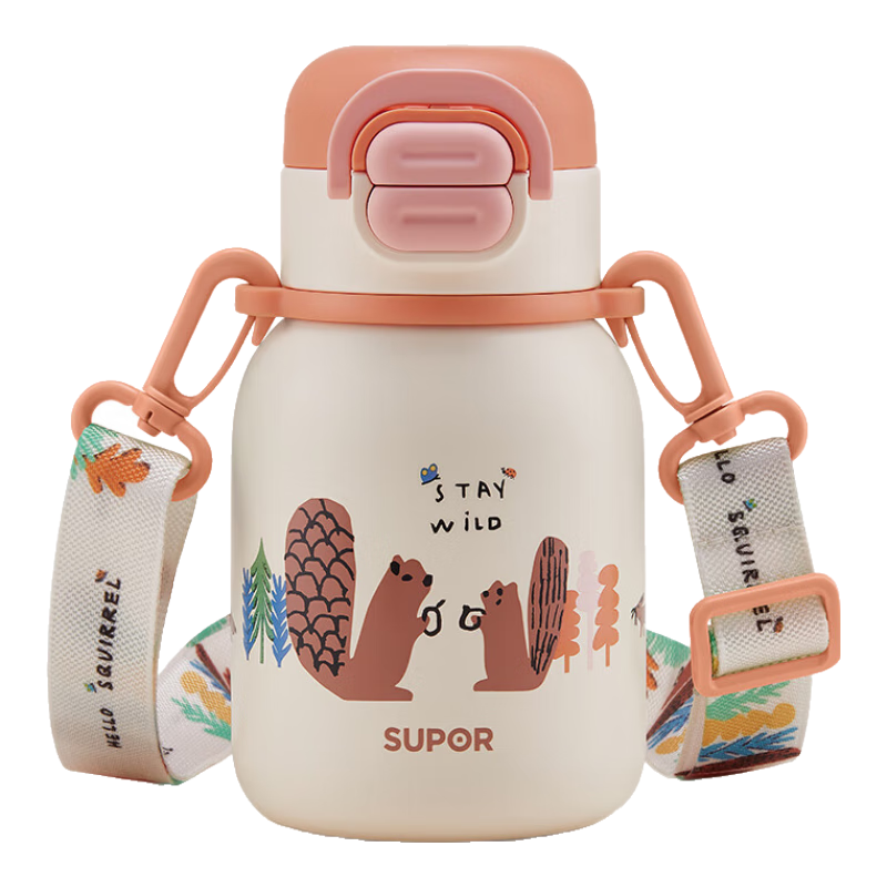 苏泊尔（SUPOR）儿童保温杯水杯宝宝学饮杯吸管杯婴儿保温杯316L儿童水壶外出 背带款·粉柚 一盖双饮 500ml