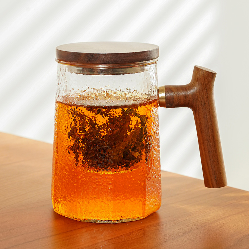 雅集玻璃杯茶杯泡茶杯带过滤木盖木把手喝水杯子大容量茶水分离玻璃杯