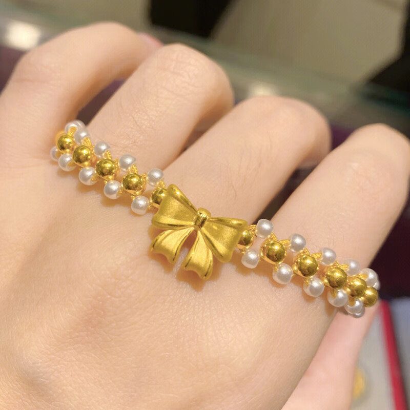 lpez老凤凰在逃公主黄金蝴蝶结手链女珠珍珠编织绳手串999足金情人节