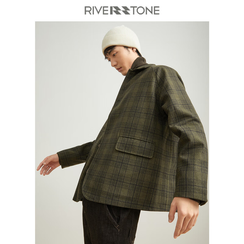riverstone流石男装冬装复古翻领格子毛呢羊毛大衣外套新款冬季男士