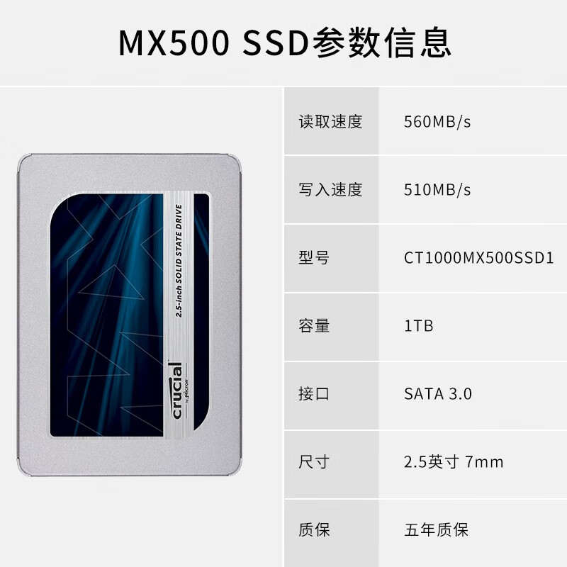 英睿达（Crucial）SSD固态硬盘2.5英寸SATA3.0接口台式机笔记本电脑固态硬盘 MX500系列 1TB 标准配置：固态硬盘+拆机螺丝刀