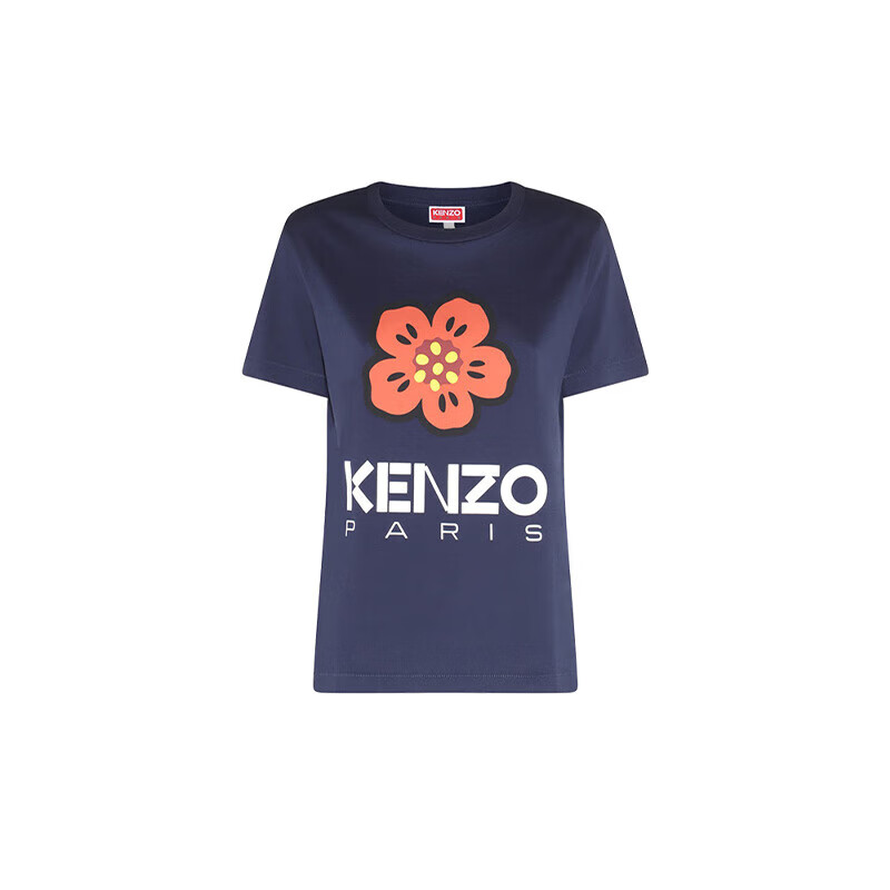 高田贤三（KENZO）女士 夏季 花朵印花圆领纯棉宽松短袖T恤 深蓝色 M