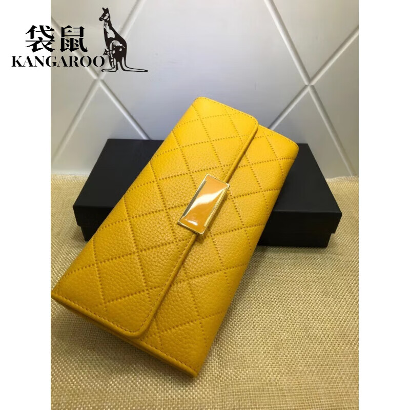 袋鼠(kangaroo)头层牛皮中长款女士钱包时尚菱格真皮钱夹欧美简约女式