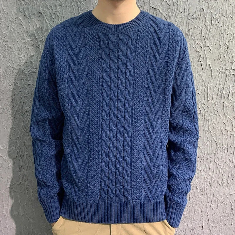 手工毛衣男士纯手工编织毛衣秋冬粗线手工粗针麻花圆领针织衫 宝蓝色