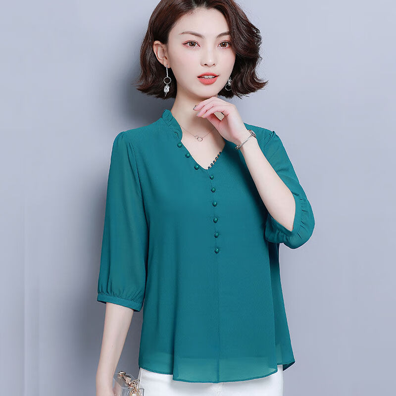 月袖(yuexiu)宽松遮肚子雪纺衫女夏装新款女装洋气女士上衣 孔雀蓝