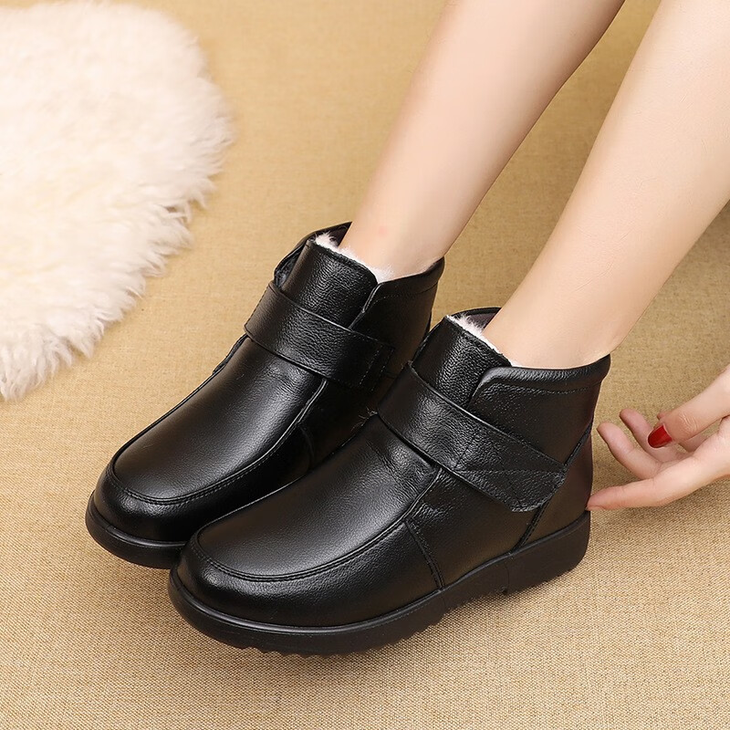 吊带兔妈妈鞋棉鞋女牛皮软底老人皮鞋加绒加厚中老年防滑防水雪地靴大码 款式四 牛皮羊毛 35