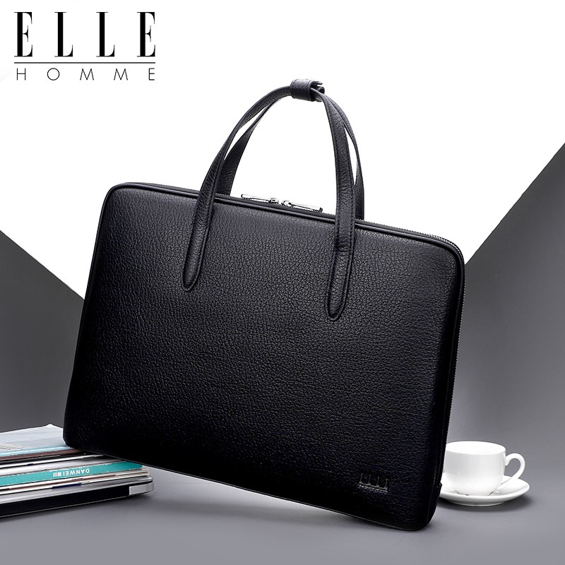 elle homme男士手提包商务青年横款公文包头层牛皮男公务包新款 黑色