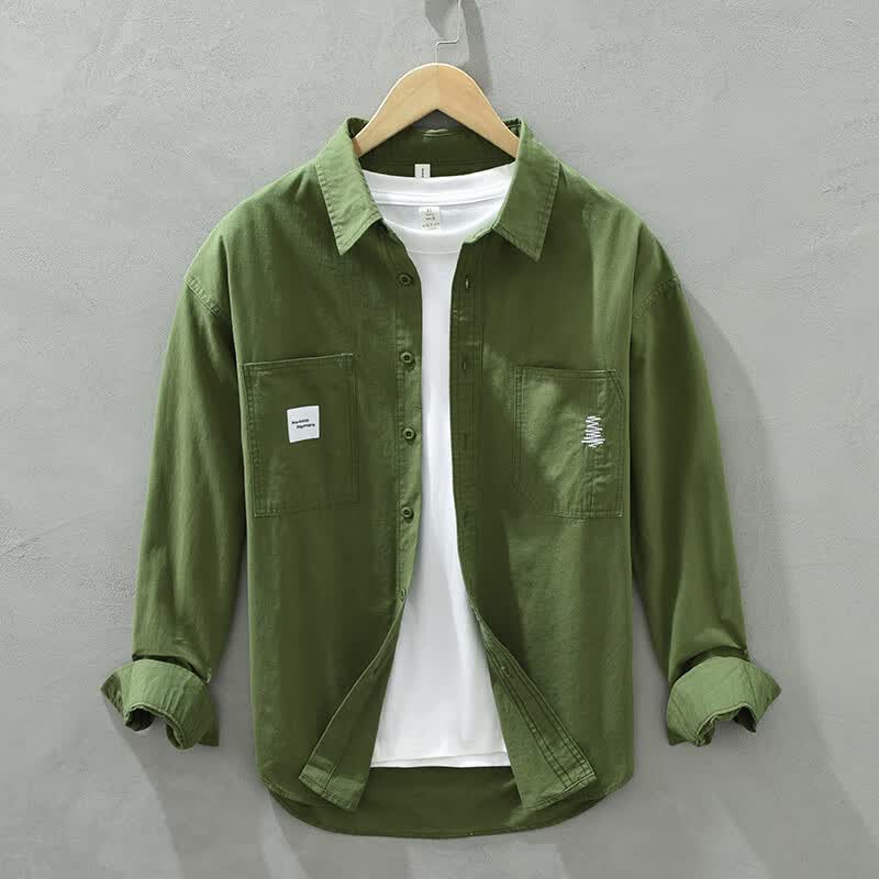 纯色长袖工装衬衫男休闲简约痞帅潮宽松衬衣休闲百搭外套男装 绿色 m