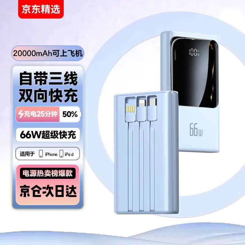 CUVEE【66W超级快充】新款充电宝20000毫安时超大容量超薄自带线适用苹果华为小米快充可上飞机 蓝【66W超级快充+自带线】 旗舰版-提速300% 20000mAh怎么看?