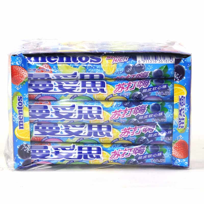 曼妥思劲嚼充气糖条装37g*15条脆皮软心珠薄荷可乐霓虹葡萄苏打嗨糖果