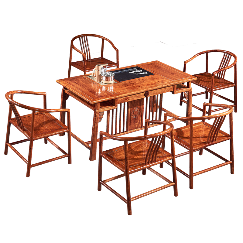 祥蕴阁红木家具非洲花梨(学名:刺猬紫檀)实木茶台新中式茶桌椅组合 1.53米一桌五椅