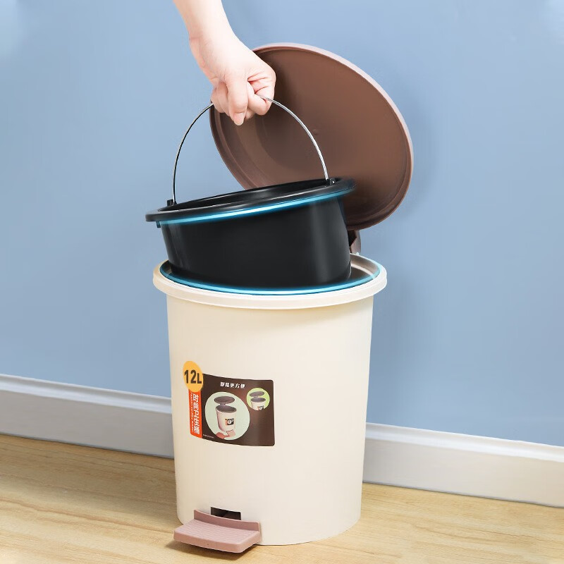 雯萱 垃圾桶12L 家用厨房卧室厕所带盖脚踏圆形垃圾袋桶带手提内桶