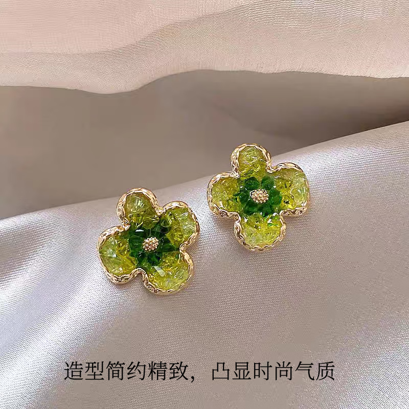 KRISTEN JUDI绿色花朵耳环女银针耳饰合成水晶耳钉新款小众高级感女友七夕礼物 生日情人节礼物老婆闺蜜实用礼盒 银针首饰实用浪漫纪念日表白