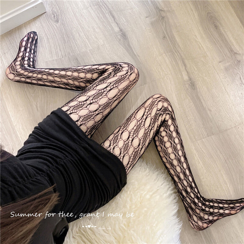 新款辣妹网红纯欲风纹理镂空蕾丝渔网袜连裤百搭黑色丝袜女打底袜
