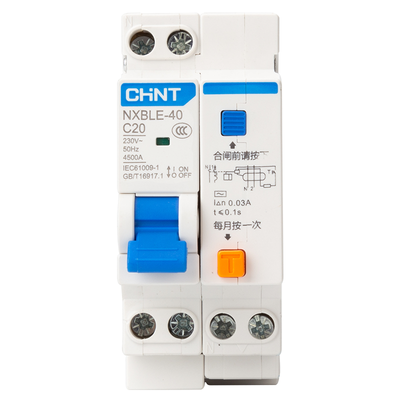 正泰（CHNT）NXBLE-40-1PN-C20 小型漏电保护断路器 漏保空气开关 1PN C20 0.03A 4.5kA