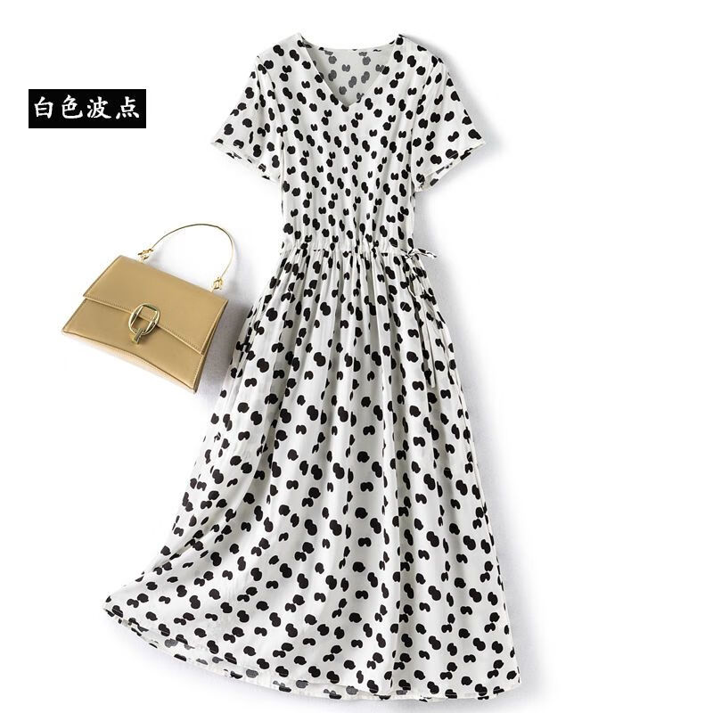 小个子连衣裙夏过膝气质裙子2023夏新款棉绸v领碎花连衣裙女 白色波点