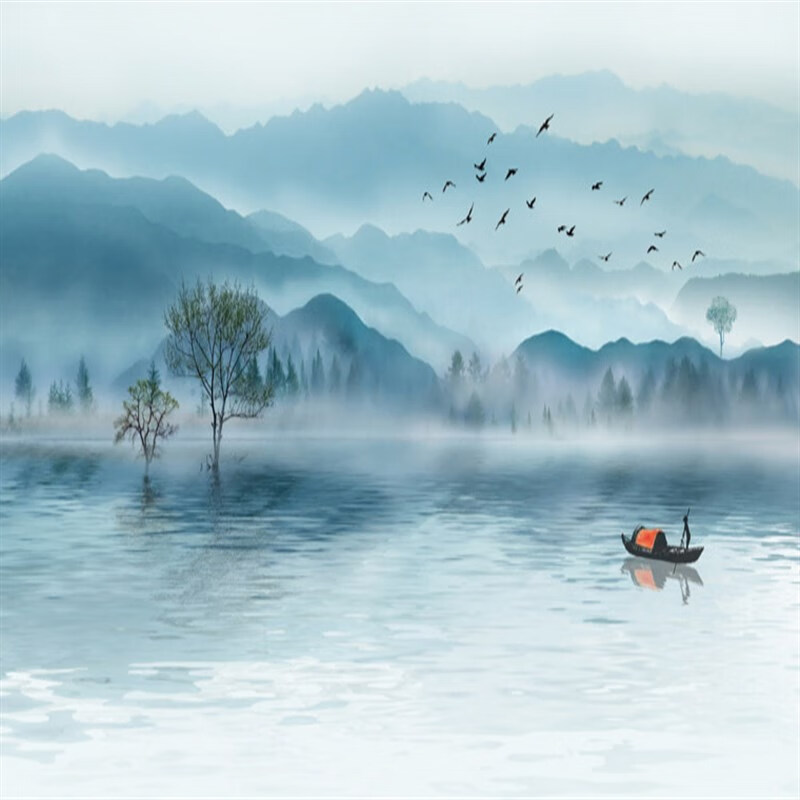 abdt山水画背景墙贴画自粘3d立体壁画客厅新中式水墨风 宁静湖面 中号
