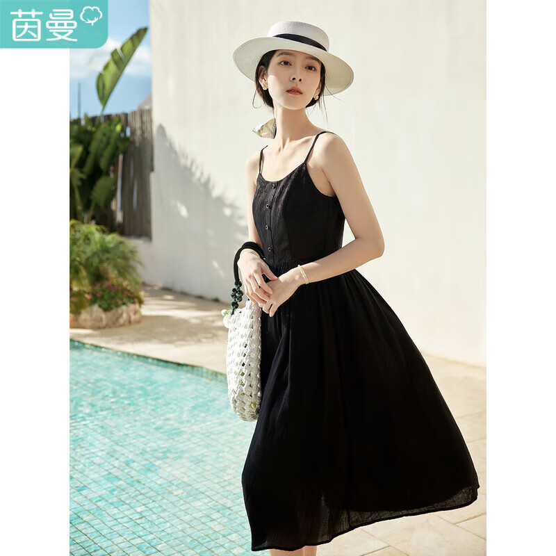 茵曼（INMAN）夏季时尚百搭纯色提花肌理显瘦吊带连衣裙女18322|336 黑色 M 