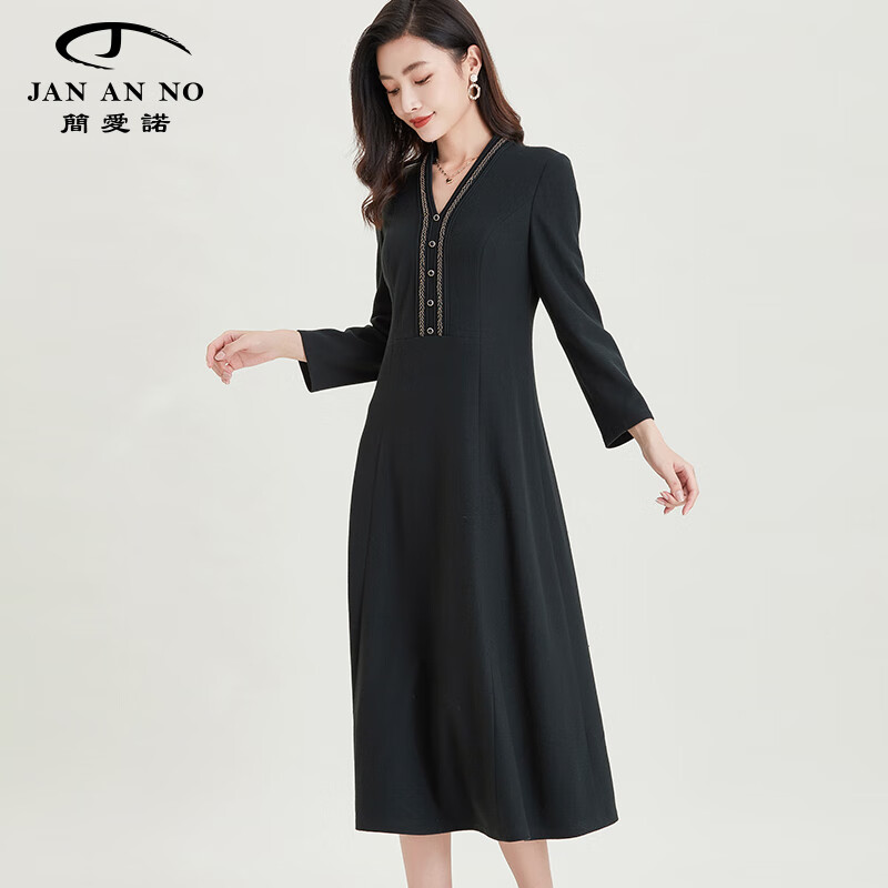 jan an no简爱诺秋冬新品墨绿色长裙v领收腰大摆连衣裙j2060307lq 墨