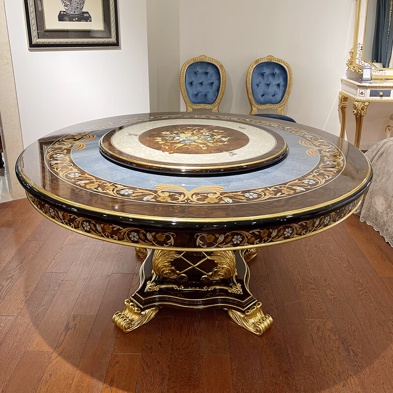 金其利法式欧式转盘蝴蝶木皮拼花实木圆餐桌别墅大宅餐厅家具 转盘