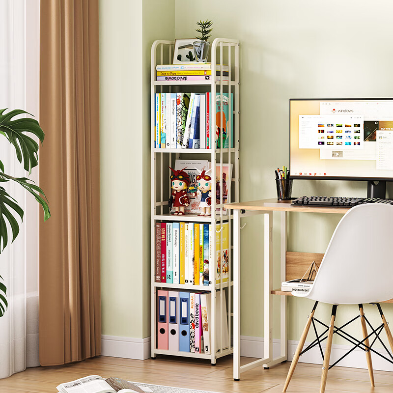SKAAN夹缝小书架落地简易学生书本收纳架置物架客厅转角床头小型窄书柜 窄书架 白色/5层