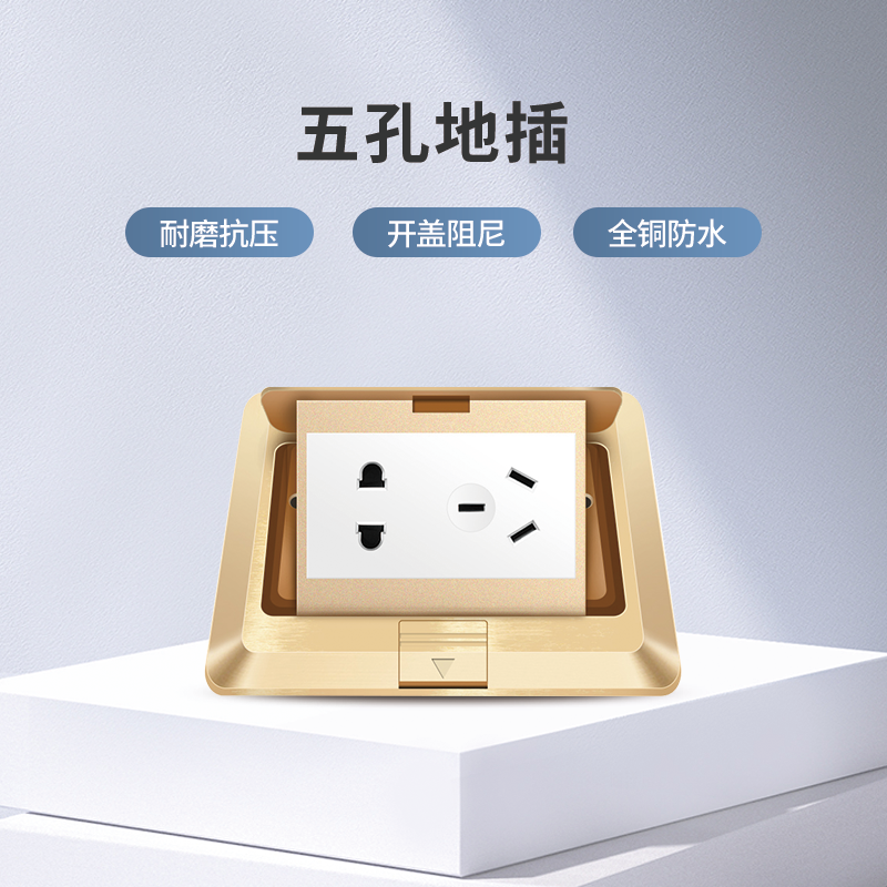 龙胜五孔地插座地板插 全铜防水弹起式阻尼二三插5孔地板地面插座家用