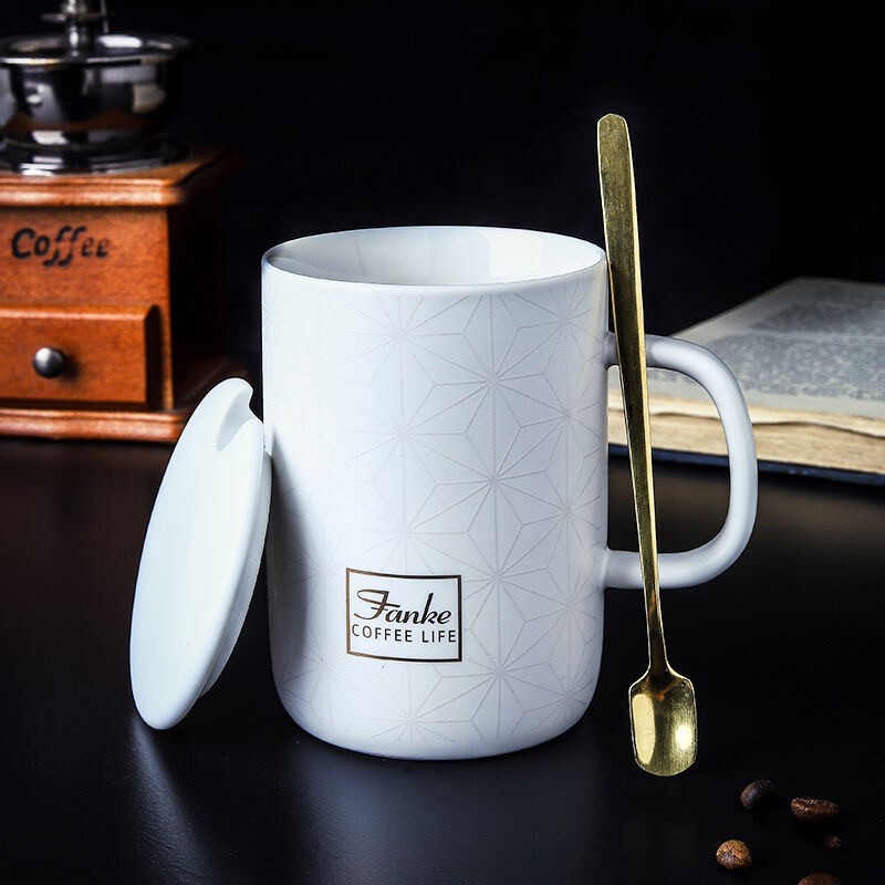 梵科FanKe 极光陶瓷马克杯男女创意办公北欧风奶茶咖啡水杯电镀镜面带盖勺情侣对杯节日礼物礼品杯子 FanKe几何杯-白玉白-带盖带勺