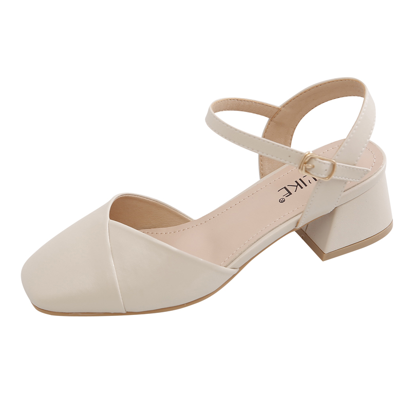 搭配连衣裙的鞋子配旗袍单鞋方头女粗跟新款夏季一字扣带中跟包头配