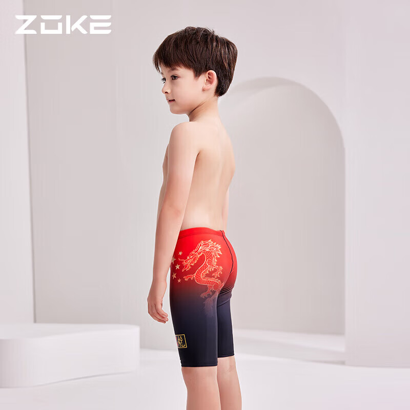 洲克（ZOKE）青少年儿童泳衣男童五分泳裤122626888 黑红中国龙花 150