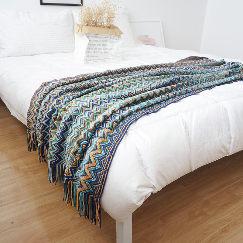 BATTILO美式沙发毯盖毯波西米亚毯民族风夏毯披肩毯空调毯床尾搭巾针织毯 深蓝色 127x170cm【含流苏】