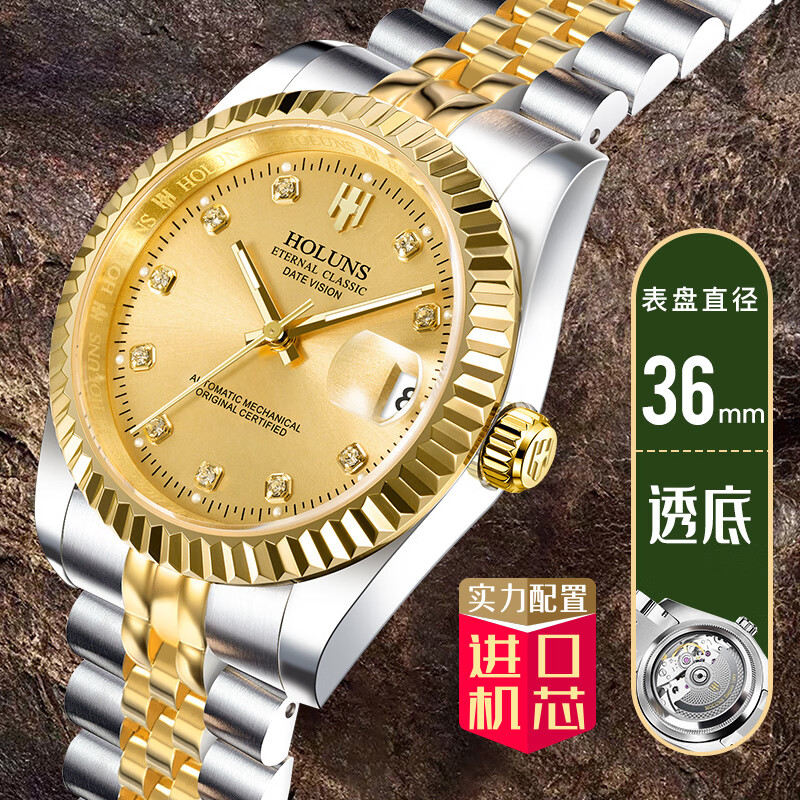 豪伦诗(holuns)holuns男士全自动机械手表透底商务男 r101金面间金