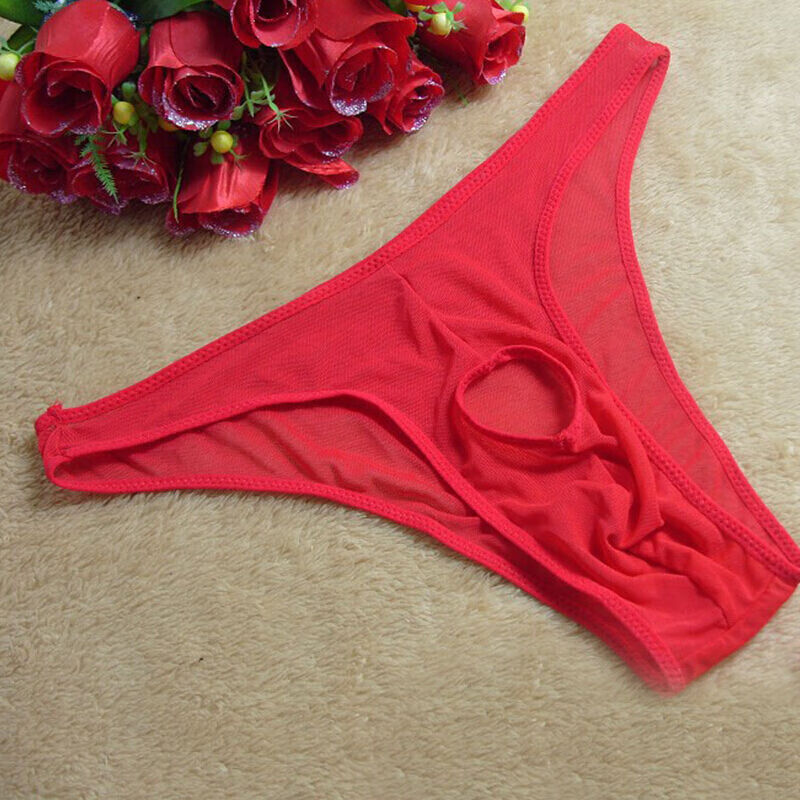 男士性感透视内裤高弹力网纱漏洞露三角开档免脱丁字裤 红色