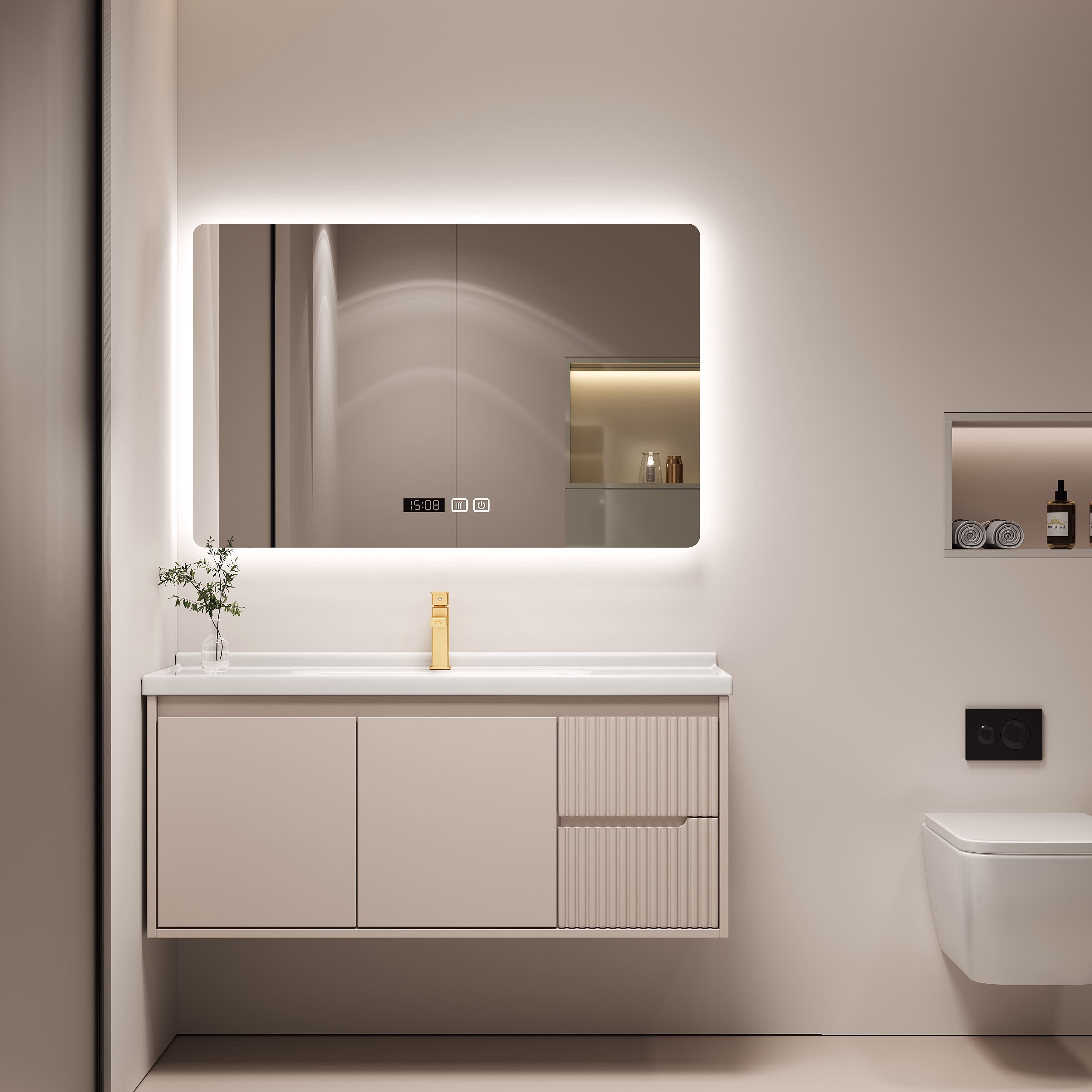 ying jiao现代实木陶瓷一体盆浴室柜智能组合卫生间岩板橡木洗漱台