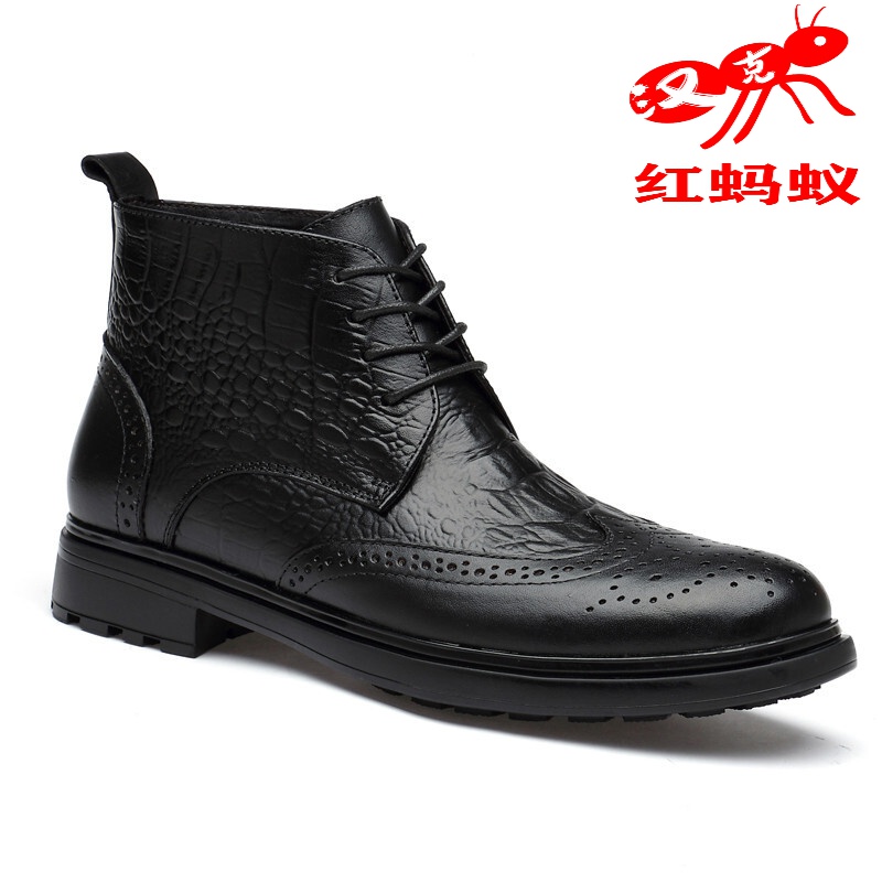 汉克红蚂蚁高帮男士皮鞋鳄鱼纹牛皮短靴系带靴子男英伦风商务皮靴中邦