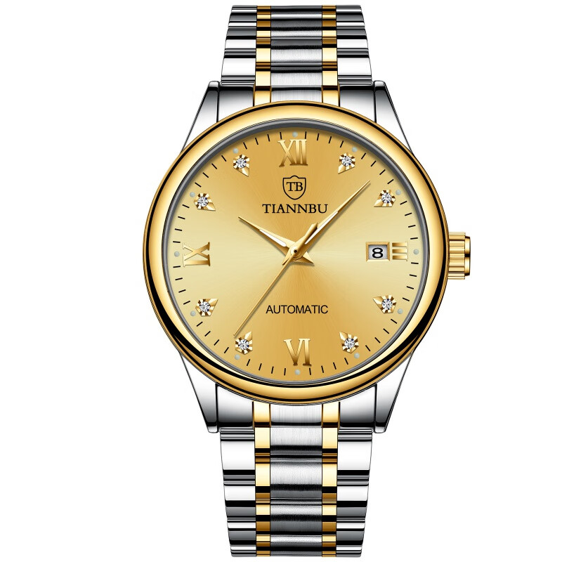 tiannbu天博机械表防水全自动机械手表日历男士商务休闲夜光天博 间金