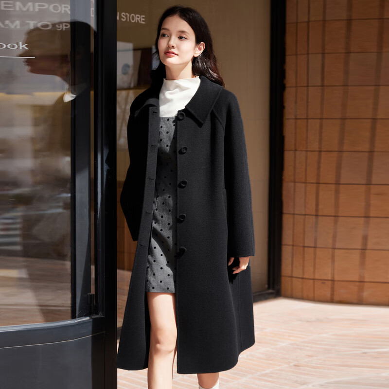 乐町韩系学院织带拆卸设计长款毛呢外套冬季新款宽松翻领大衣 黑色(现货) XS