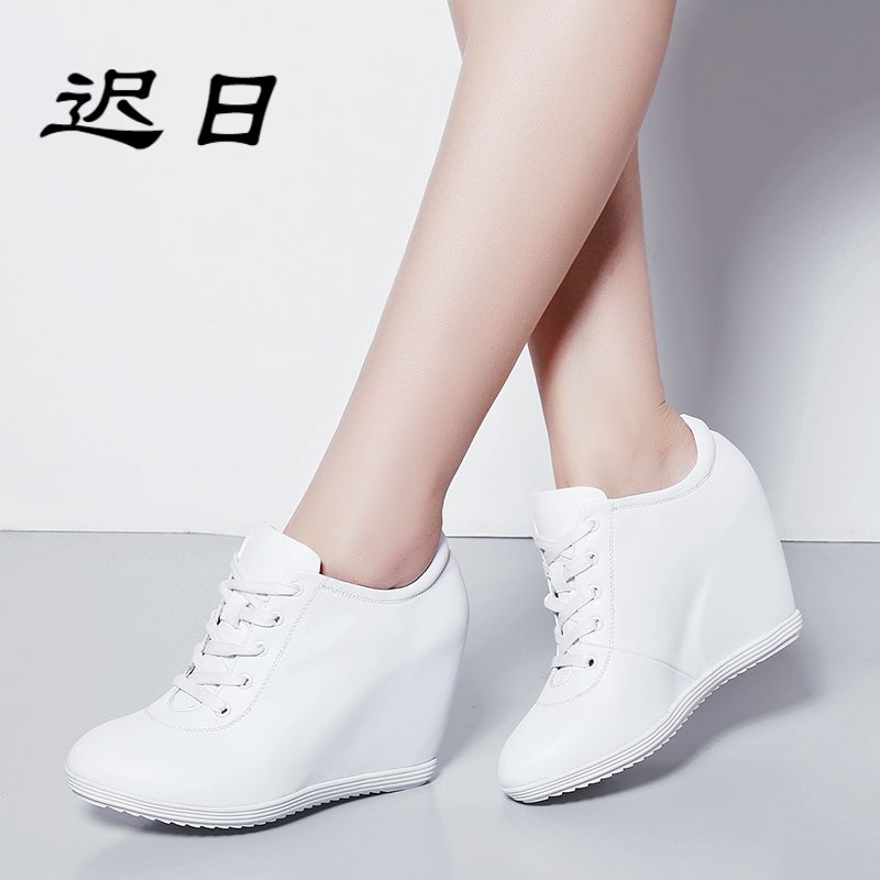牛皮内增高休闲鞋女韩版圆头系带小白鞋学生鞋平底单鞋深口小码女鞋
