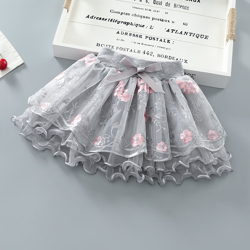 女童纱裙蓬蓬裙儿童四季半身裙短裙花边子潮宝宝洋气公主裙 浅灰色