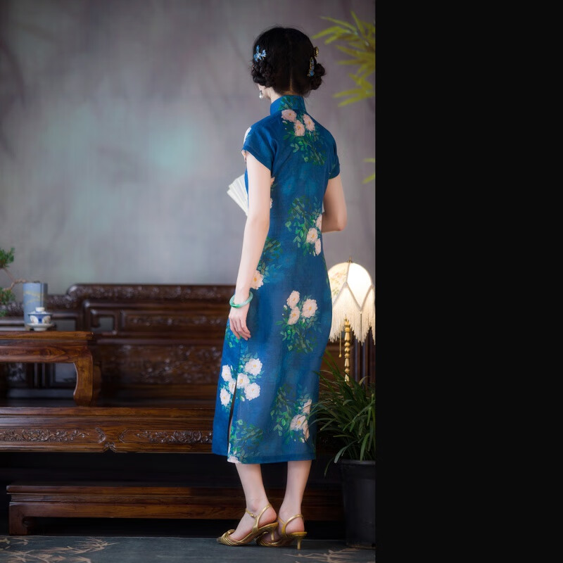 一城風(fēng)絮薇滿院香丨天絲麻印花古法民國風(fēng)平裁一片式傳統(tǒng)旗袍女 長款 M